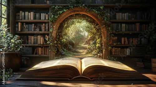 Enchanted library portal leading to mystical forest through open book