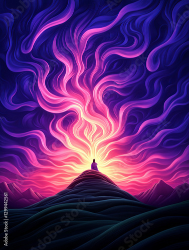 God speaks to Noah. Bible genesis concept. Mystical figure meditating on hill with swirling energy