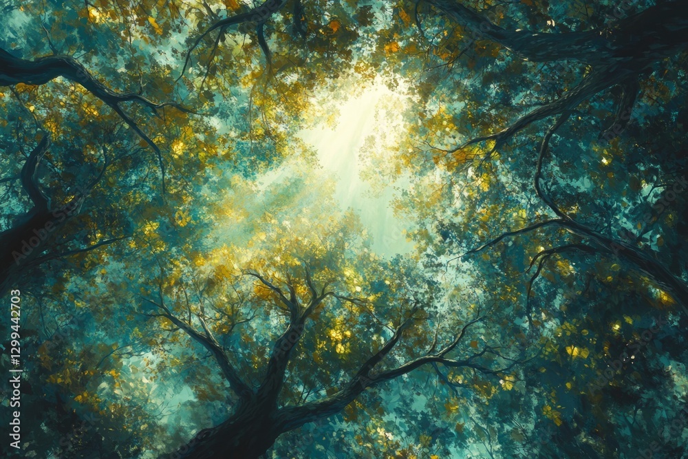 Obraz premium Sunlight filters through a lush canopy of trees, creating a magical, ethereal forest scene.