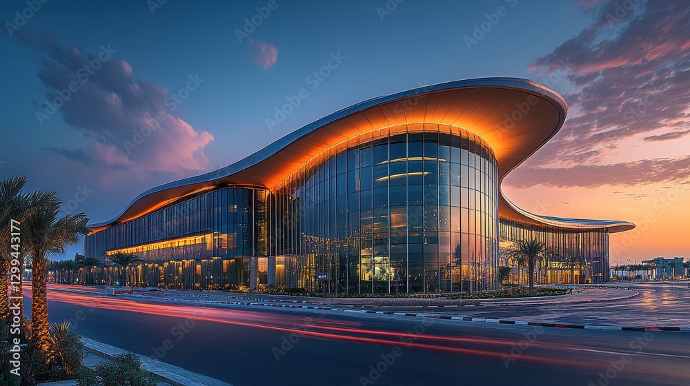 Obraz premium Modern architectural building with curved glass facade at sunset