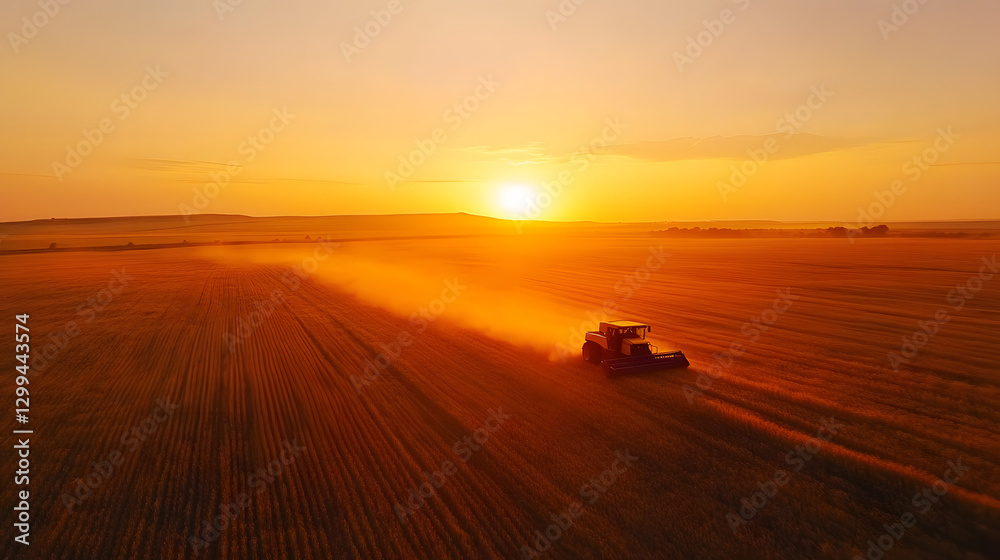 Fototapeta premium A combine harvester moving through vast wheat fields at sunset.