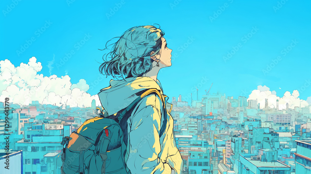 Fototapeta premium 街で空を見つめる若い女性