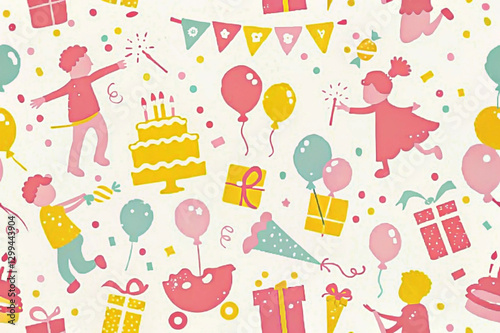 Joyful birthday celebration pattern with kids, cake, balloons, gifts, and confetti.