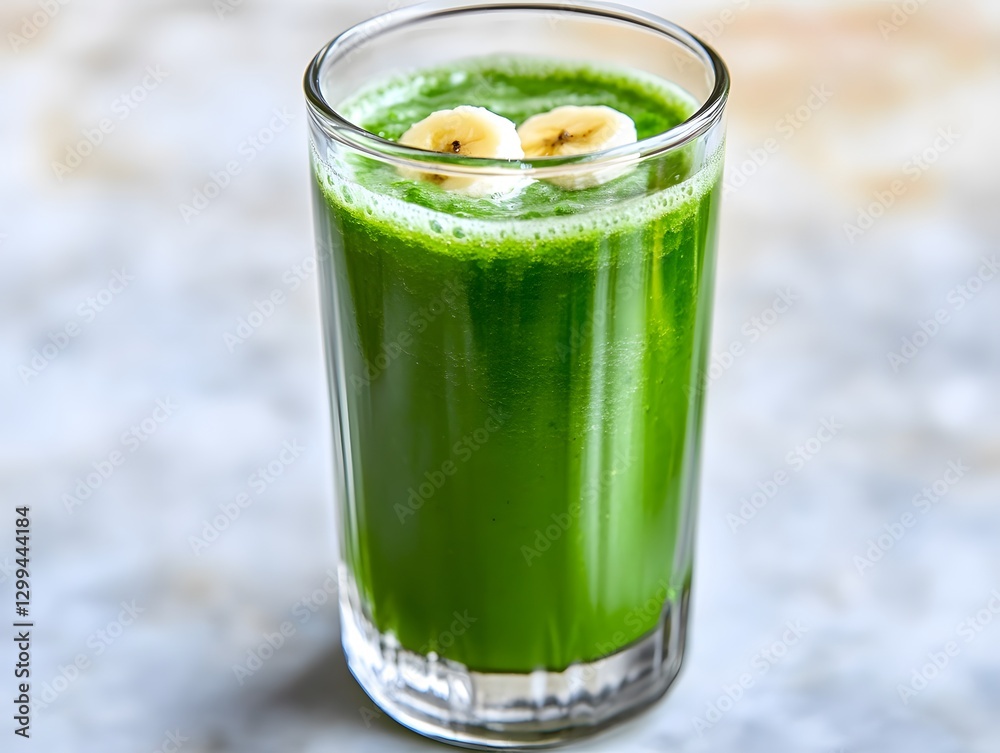 Refreshing Green Smoothie in Glass, Banana Garnish Refreshing Green Smoothie in Glass, Banana Garnish