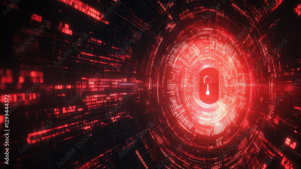 Obraz premium Futuristic digital security red tunnel with glowing lock symbol