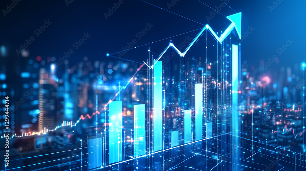 Naklejka premium A white 3d bar graph rising upward, an arrow pointing upward with glowing lines surrounding the graph, all on a dark blue background. Evolution - City. Illustration