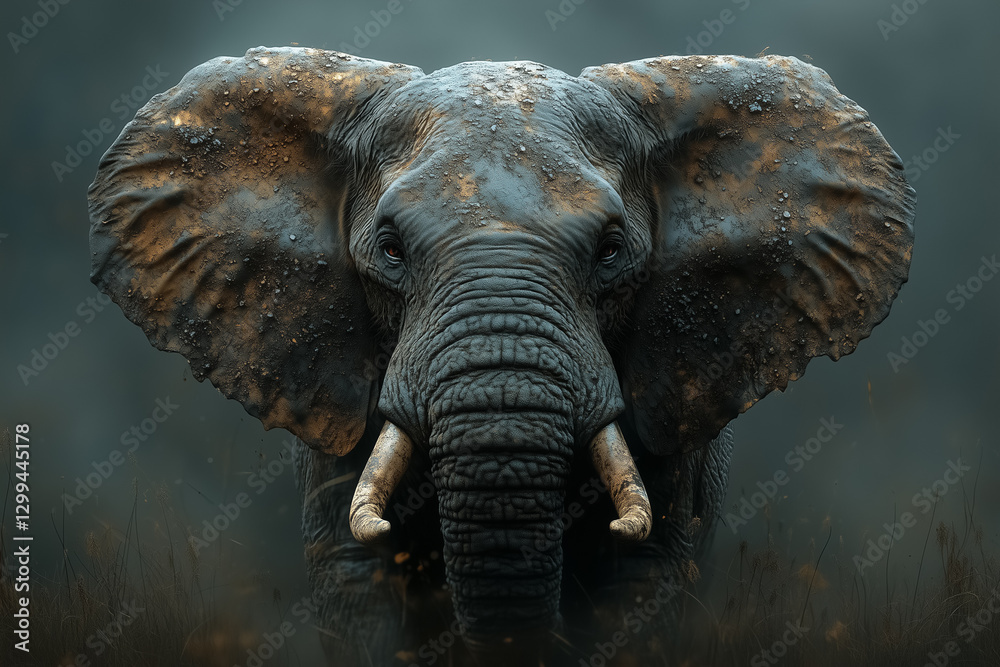 Fototapeta premium A remarkable elephant, embodying immense strength and a gentle demeanor, captures attention with its intricately textured skin and lifelike wrinkles, exuding tranquility and power in a misty habitat