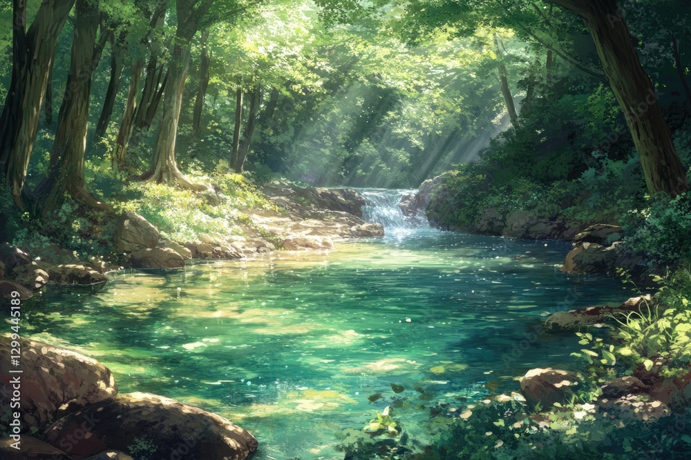 Naklejka premium Sunlit stream flows through a lush green forest, creating a serene and magical atmosphere.