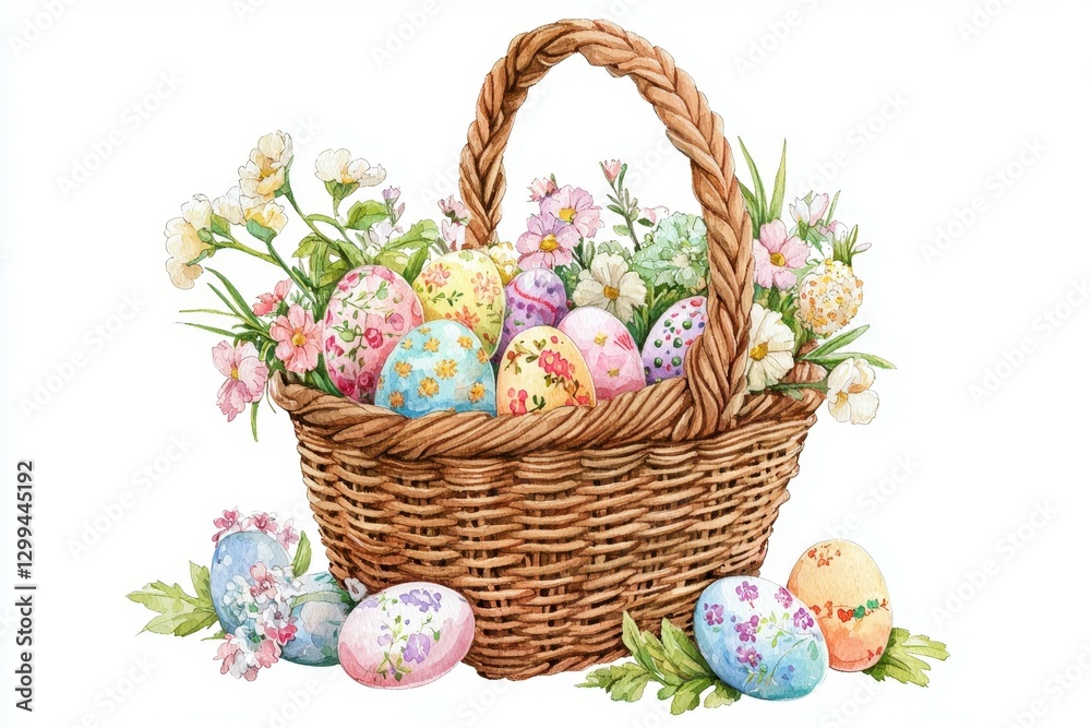 Fototapeta premium Easter Basket Overflowing with Sweets and Flowers A cozy, detailed illustration of a woven Easter basket filled with hand-painted eggs, chocolate bunnies, pastel-wrapped candies, and fresh spring flow