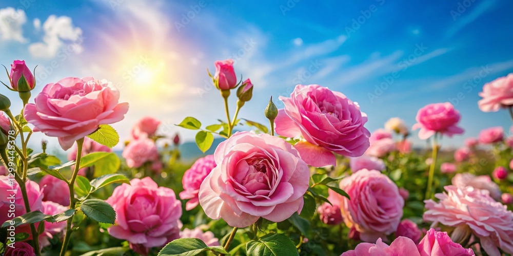Obraz premium Blooming Pink Roses Field, Blue Sky, Summer Flowers, Nature Background