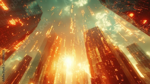 Futuristic cityscape with digital codes and illuminated skyscrapers at sunset