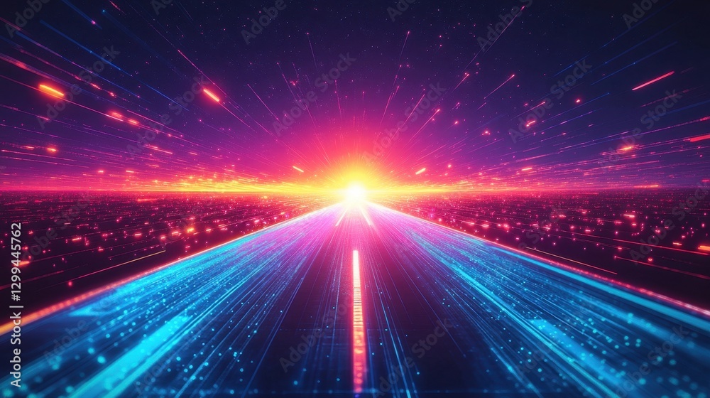 Obraz premium Futuristic digital landscape with neon lights and vibrant horizon