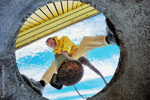 Quadro su tela Bottom view of man immersing sewage pump into waste water of septic tank