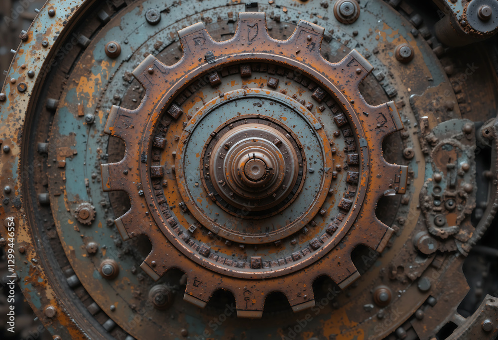 Fototapeta premium Close-up view of rusted gears and machinery parts, showcasing signs of neglect and disrepair