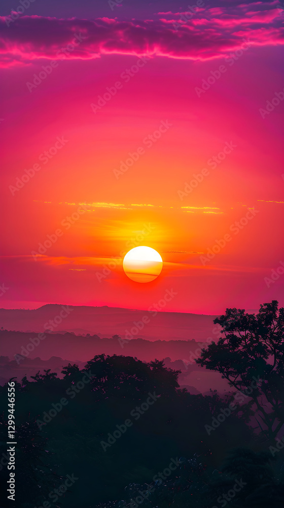 Golden Sunset Horizon with Silhouetted Trees and Mountains: Nature's Tranquil Farewell