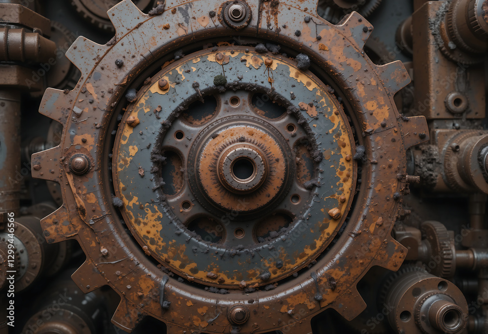 Close-up view of rusted gears and machinery parts, showcasing signs of neglect and disrepair Close-up view of rusted gears and machinery parts, showcasing signs of neglect and disrepair