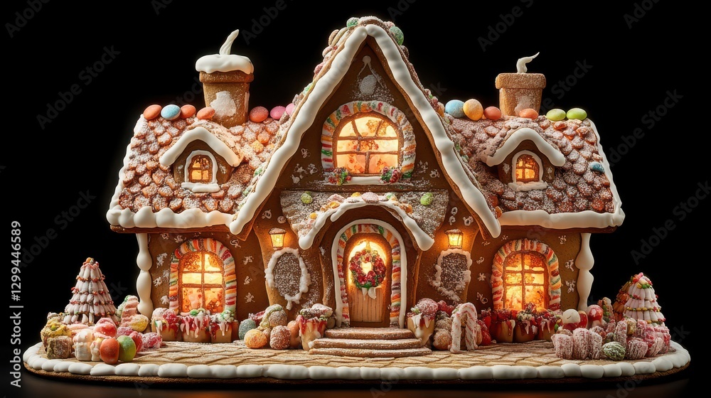 Obraz premium Festive gingerbread house with candy decorations and holiday lights