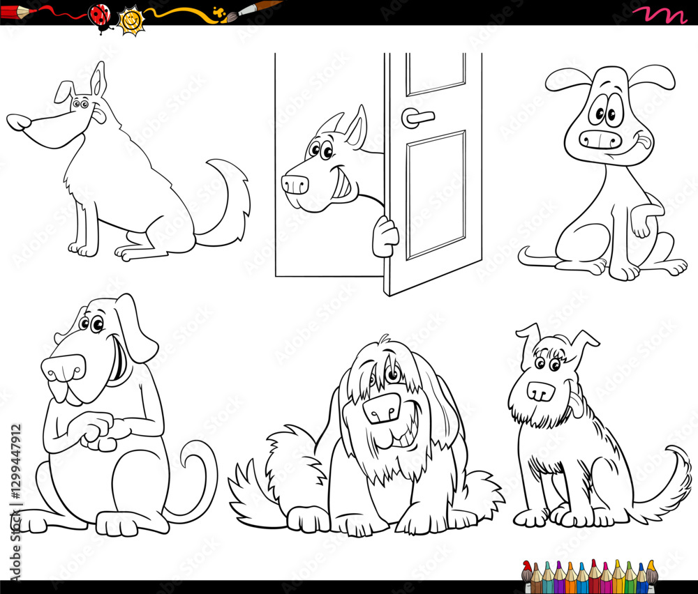 cartoon dogs animal characters set coloring page