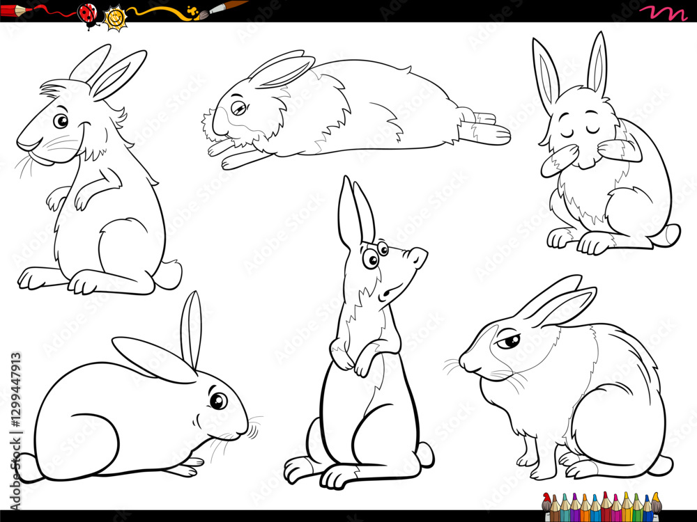 cartoon miniature rabbits animal characters set coloring page