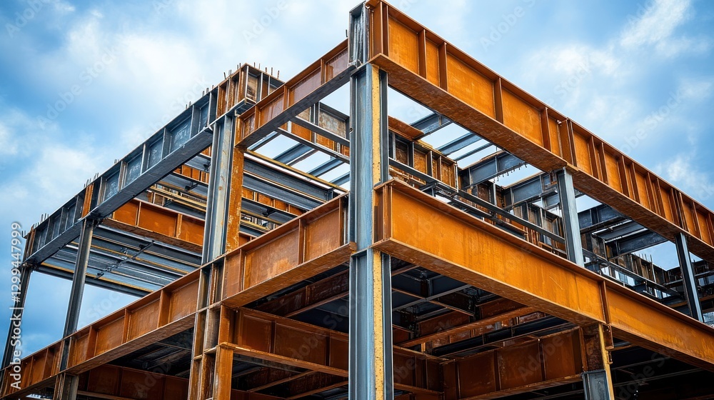 Fototapeta premium Steel framework of a building under construction against a blue sky.
