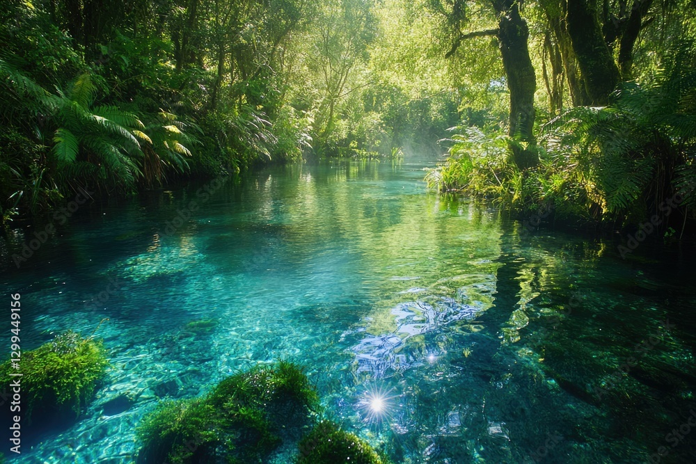 Naklejka premium Crystal-clear river flows through lush green forest, sunlight illuminating the serene water.