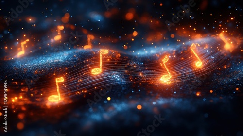 Glowing music notes on dark wave background photo