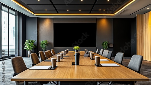 A high-end corporate meeting room with a large touchscreen panel, stationery, and coffee cups.