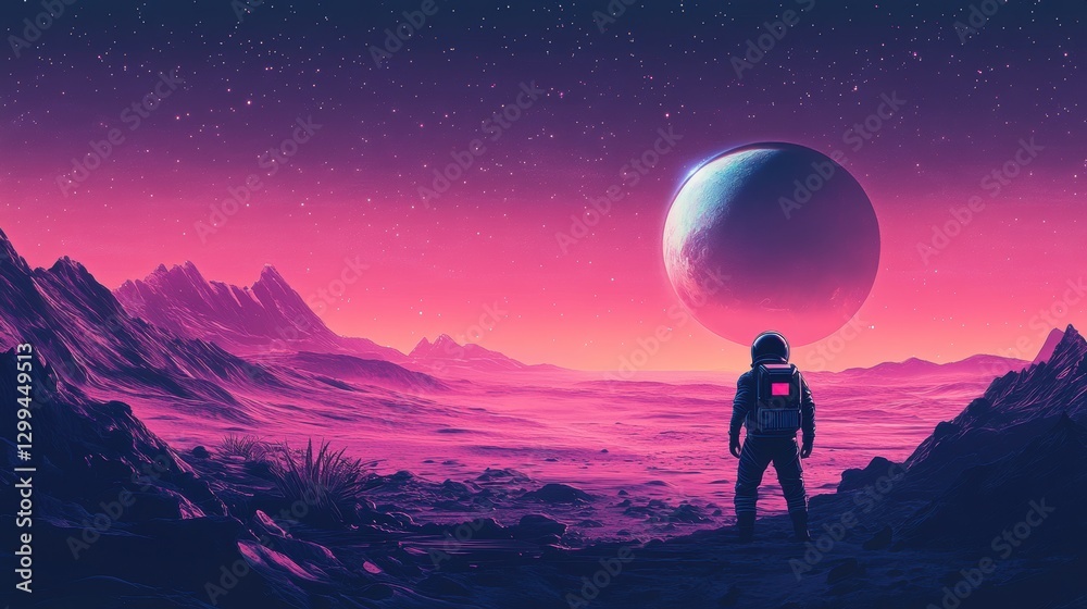 Astronaut stands on alien planet surface with large moon and starry sky at dusk Astronaut stands on alien planet surface with large moon and starry sky at dusk