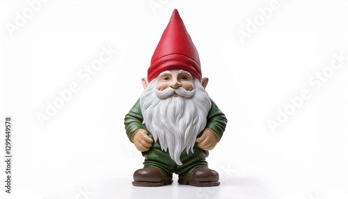 Proud Garden Gnome: Full View with Red Hat and White Beard on White
