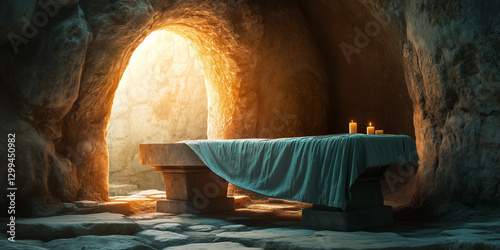 Empty tomb of Jesus Christ. Resurrection on Easter Sunday. He has risen