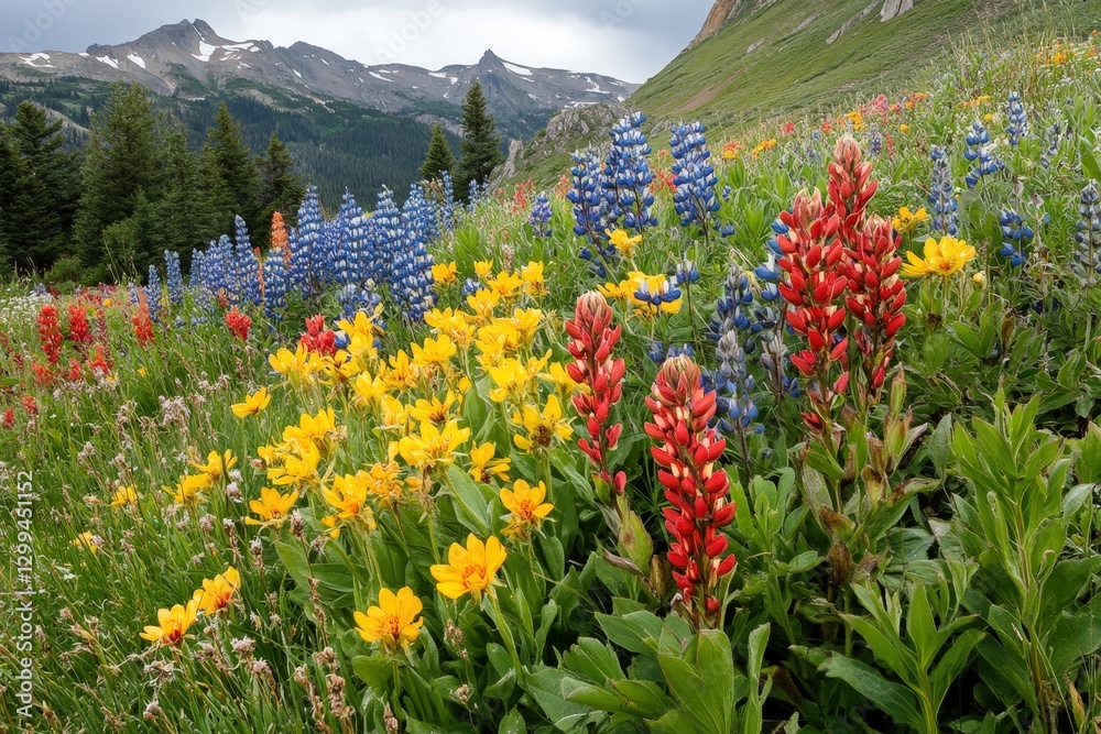 Fototapeta premium Indian paintbrush and lupine blooming in colorado mountain meadow
