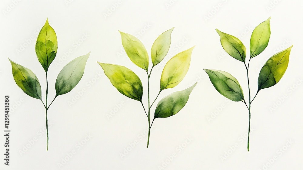 Obraz premium Watercolor Green Leaves Illustration