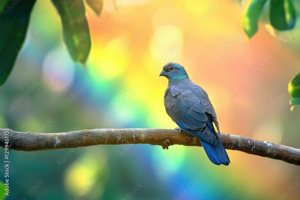 Obraz premium A vibrant blue-tailed pigeon perched on a branch, bathed in the warm glow of a colorful sunset.