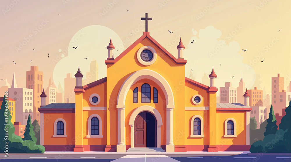 Fototapeta premium Vibrant church in cityscape at sunset, urban spirituality