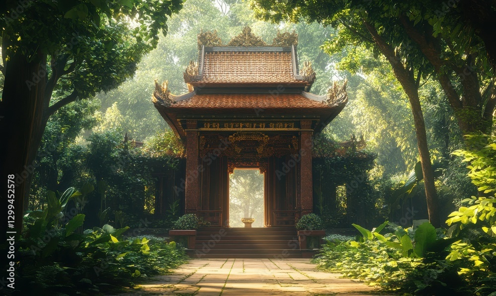 A serene Buddhist temple surrounded by lush greenery, intricate architecture highlighted by soft morning light, creating a spiritual ambiance A serene Buddhist temple surrounded by lush greenery, intricate architecture highlighted by soft morning light, creating a spiritual ambiance