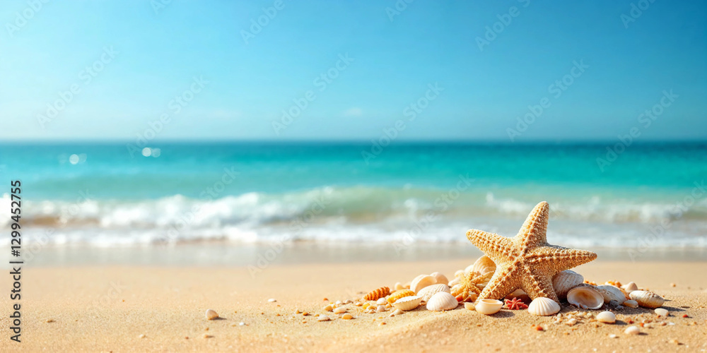 A beach setting with seashells and a starfish on golden sand, with turquoise waves and a bright blue sky in the background. Copy space for design A beach setting with seashells and a starfish on golden sand, with turquoise waves and a bright blue sky in the background. Copy space for design