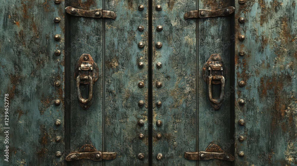 Weathered Metal Door With Rusty Hinges And Handles Weathered Metal Door With Rusty Hinges And Handles