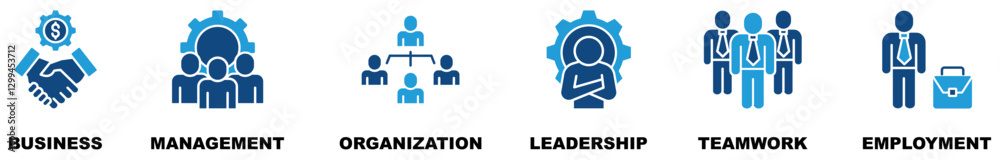 Business management banner web icon vector illustration concept with icon of business, management, organization, leadership, teamwork and employment Business management banner web icon vector illustration concept with icon of business, management, organization, leadership, teamwork and employment