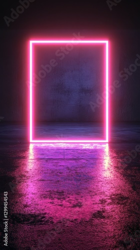 Vibrant neon square illuminates a dark room with reflections on wet surfaces during nighttime