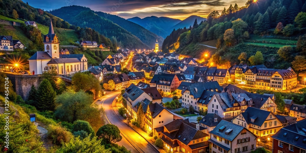 Fototapeta premium Charming Night Townscape: Illuminated Buildings & Cozy Streets