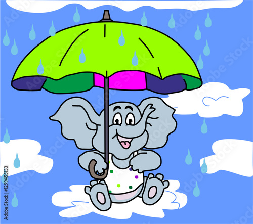 Vector children's drawing. Elephant cub is flying in clouds with umbrella in rain. Hand drawn t-shirt design. Fashionable print for fabric, paper, clothing,
notebook, card mockup, child book. 