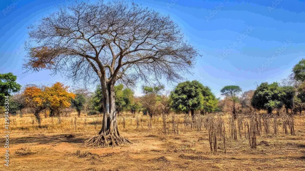 Fototapeta premium Majestic baobab tree in african savanna landscape under clear blue sky