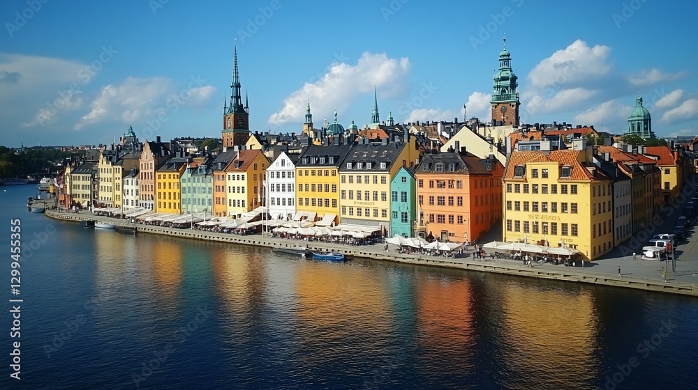 Colorful waterfront buildings reflecting on a calm river, a picturesque European cityscape under a vibrant blue sky. Colorful waterfront buildings reflecting on a calm river, a picturesque European cityscape under a vibrant blue sky.