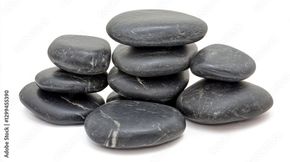 Stack of Black Spa Stones in Balanced Arrangement on a White Surface Stack of Black Spa Stones in Balanced Arrangement on a White Surface