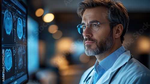 Medical professional analyzing brain scans in a modern healthcare facility with soft lighting photo