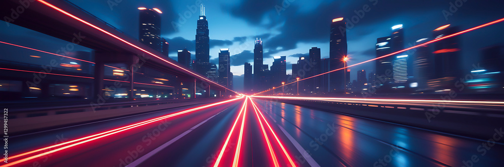 Fototapeta premium A vibrant city skyline at night with light trails from moving vehicles on a highway.