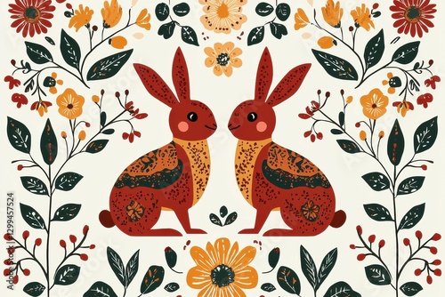 Folk Art-Inspired Easter Illustration with Bold Colors A unique Easter-themed illustration featuring folk art patterns of rabbits, birds, and flowers