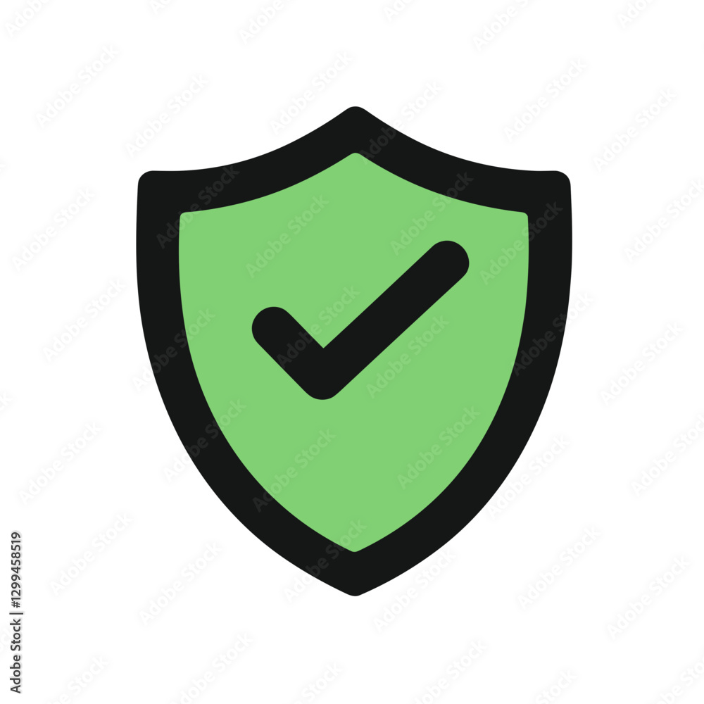 Green shield icon with check mark, security and protection symbol Green shield icon with check mark, security and protection symbol