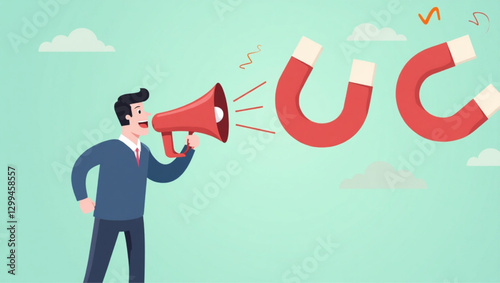 Businessman using a megaphone and magnets to attract customers, promoting products through video marketing