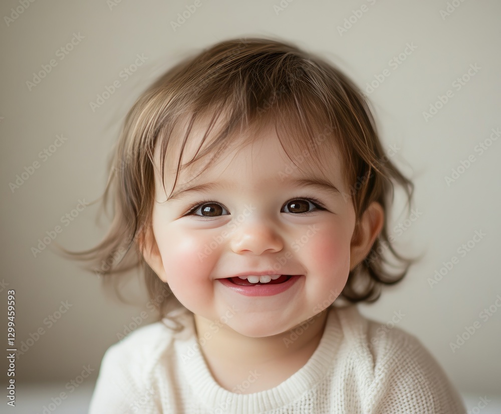 A delightful toddler beams with happiness, their face glowing in soft natural light. The background remains neutral, emphasizing the child's joyful expression and innocence A delightful toddler beams with happiness, their face glowing in soft natural light. The background remains neutral, emphasizing the child's joyful expression and innocence